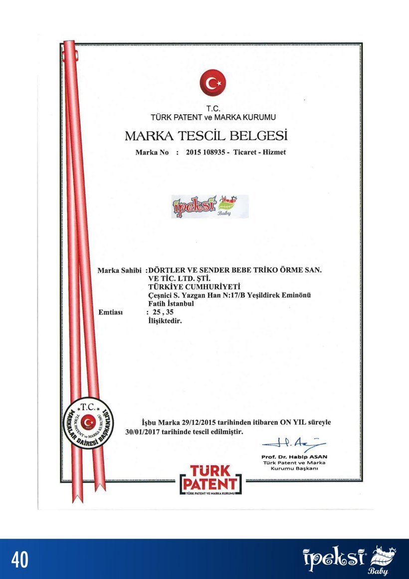 İpeksi Baby marka tescil belgesi